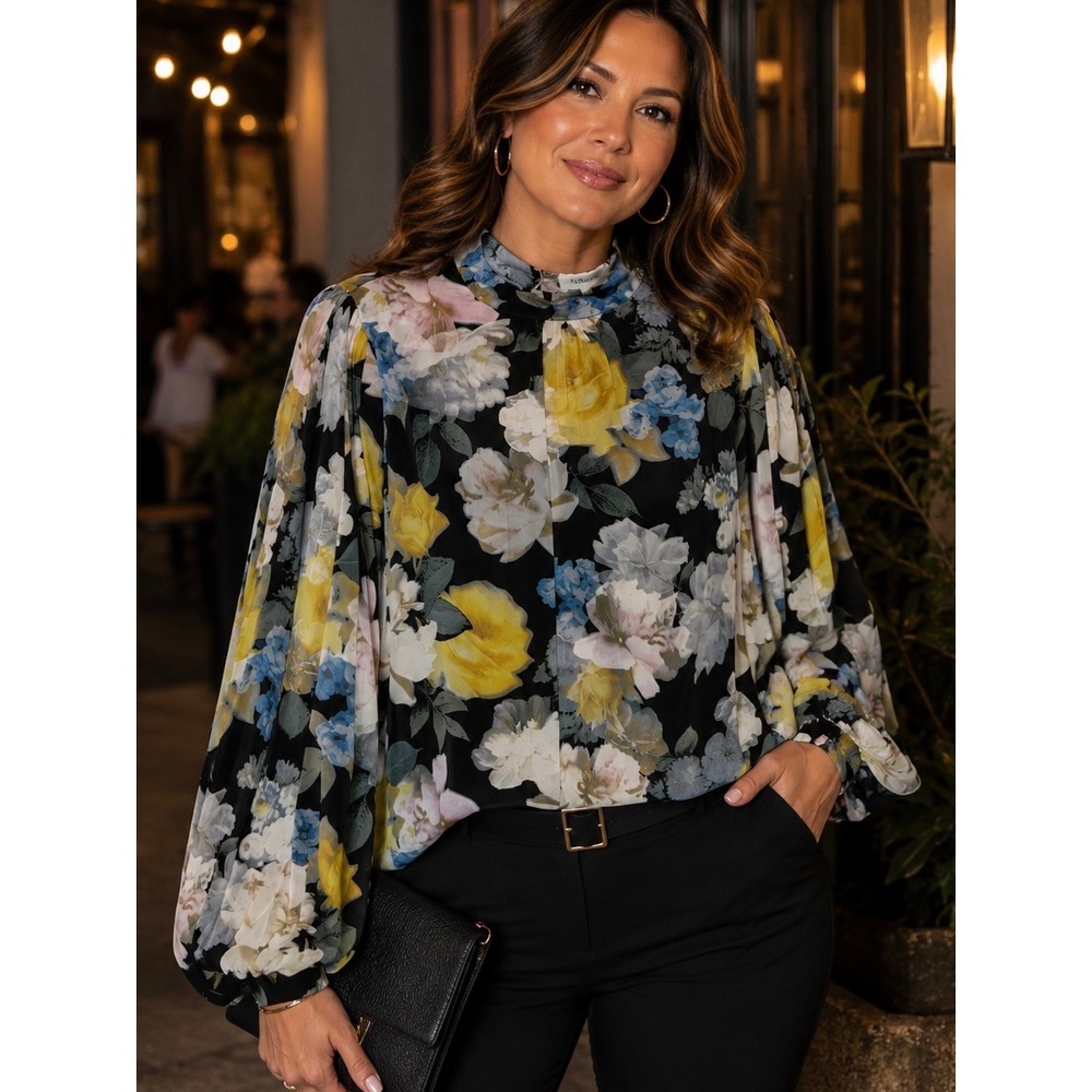 Böhme Black Floral High Neck Puff Sleeve Blouse Large Romantic Boho